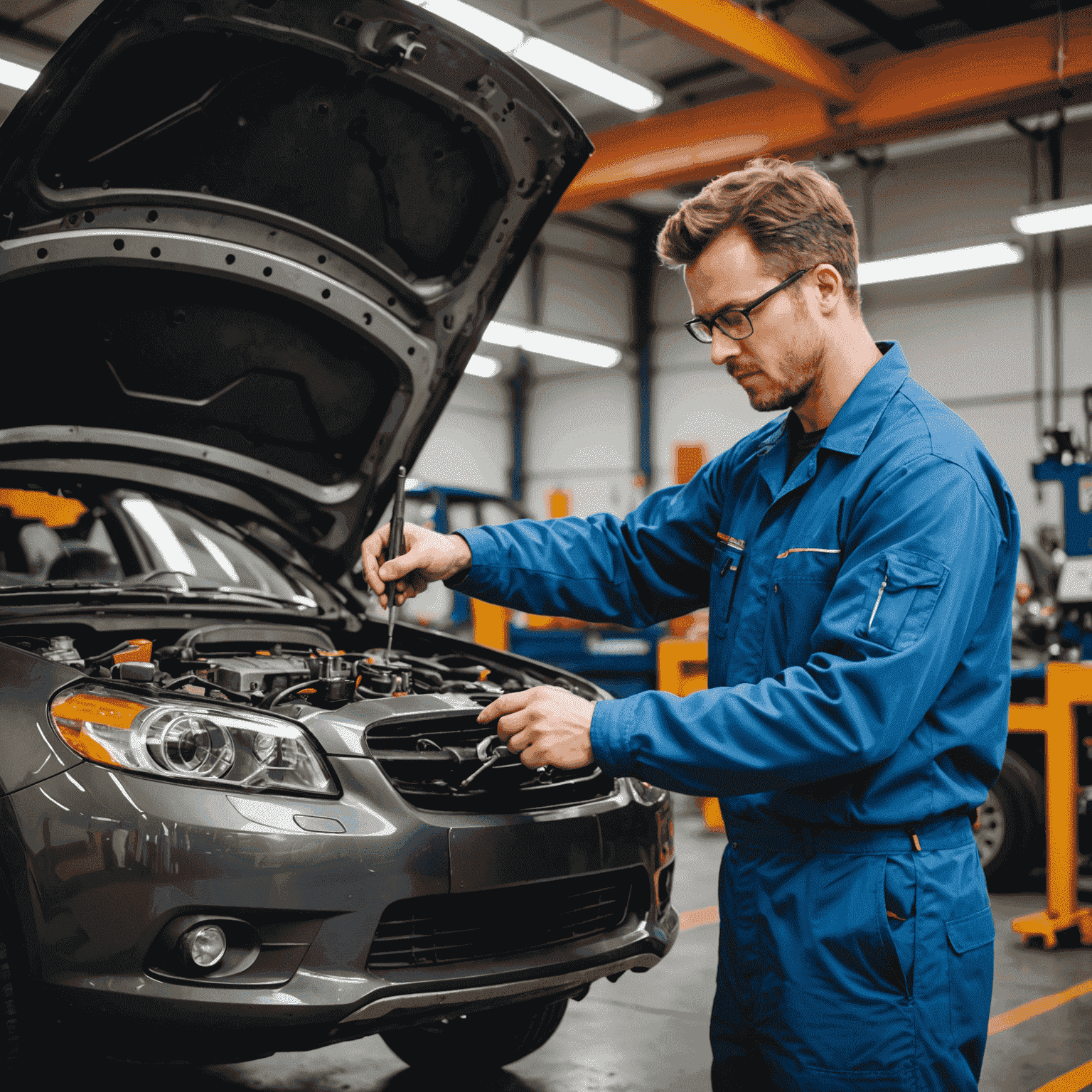 Een monteur voert een grondige technische inspectie uit op een auto, met focus op verschillende onderdelen