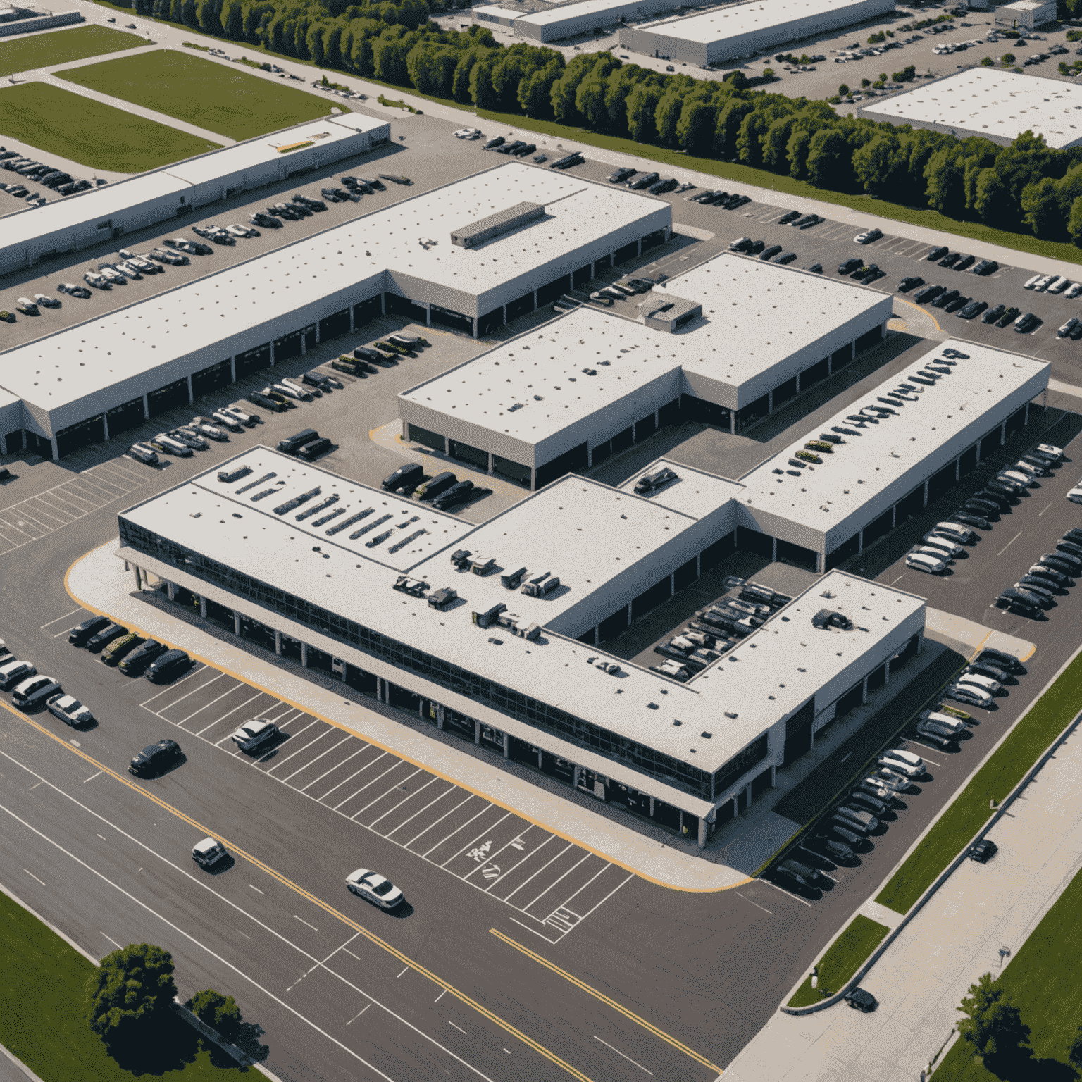 Luchtfoto van het Motoria Autocentrum, een groot modern gebouw met meerdere servicebanen en een ruim parkeerterrein